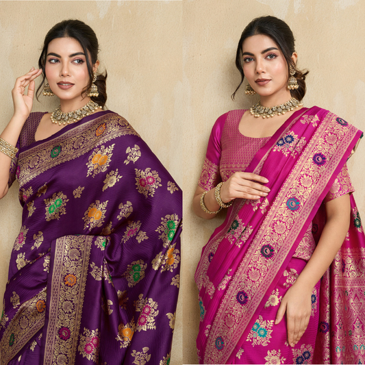Woven, Embellished, Self Design Banarasi Pure Silk Saree (Pink & Purple) Pack of 2