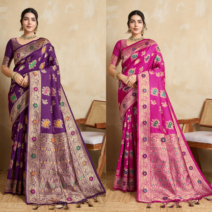 Woven, Embellished, Self Design Banarasi Pure Silk Saree (Pink & Purple) Pack of 2
