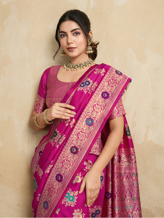 Woven, Embellished, Self Design Banarasi Pure Silk Saree (Pink)
