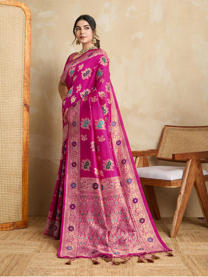 Woven, Embellished, Self Design Banarasi Pure Silk Saree (Pink)