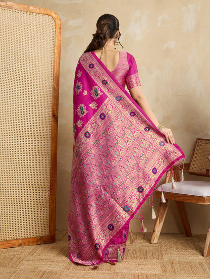 Woven, Embellished, Self Design Banarasi Pure Silk Saree (Pink)