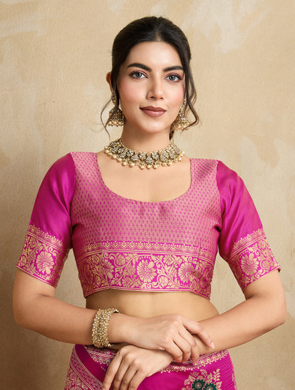 Woven, Embellished, Self Design Banarasi Pure Silk Saree (Pink)